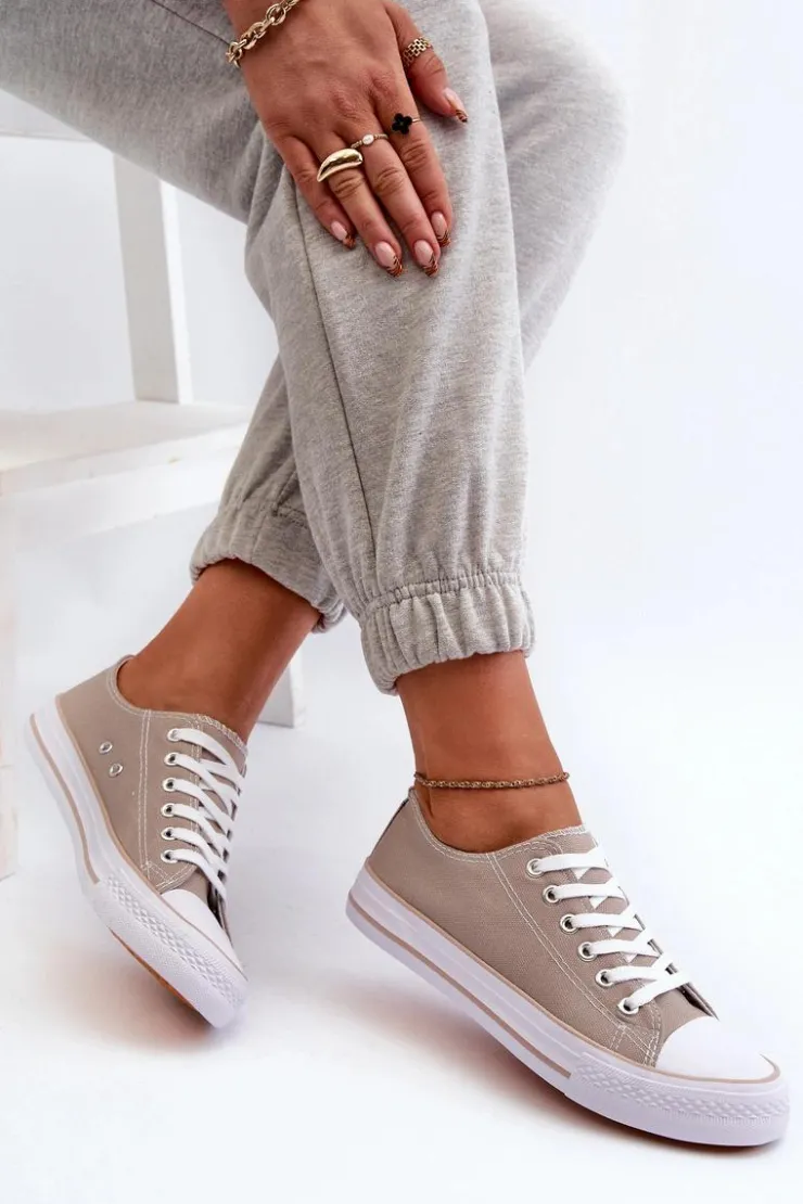 Damskie Boto Damskie Materiałowe Klasyczne Niskie Trampki Ciemnobeżowe Lennabella