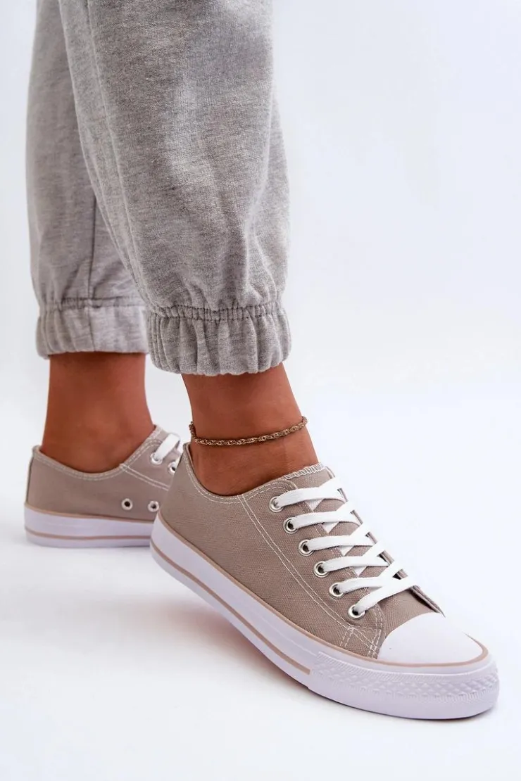 Damskie Boto Damskie Materiałowe Klasyczne Niskie Trampki Ciemnobeżowe Lennabella