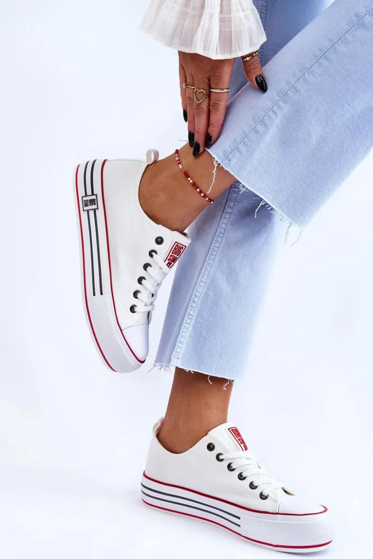 Big Star Shoes Trampki Damskie Big Star|Trampki Damskie Niskie*Damskie Materiałowe Trampki Na Platformie Big Star LL274180 Białe