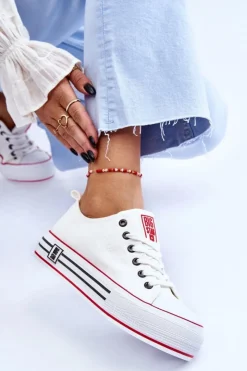 Big Star Shoes Trampki Damskie Big Star|Trampki Damskie Niskie*Damskie Materiałowe Trampki Na Platformie Big Star LL274180 Białe