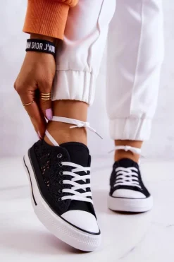 Damskie Boto Damskie Materiałowe Trampki Ażurowe Czarne Venture