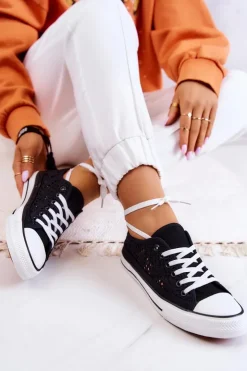 Damskie Boto Damskie Materiałowe Trampki Ażurowe Czarne Venture