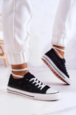 Damskie Boto Damskie Materiałowe Trampki Ażurowe Czarne Venture