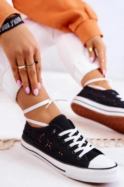 Damskie Boto Damskie Materiałowe Trampki Ażurowe Czarne Venture