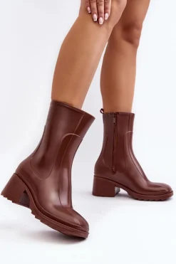 Boto Kalosze Damskie|Botki Na Obcasie*Damskie Matowe Kalosze Botki Na Obcasie Brązowe Bertaida