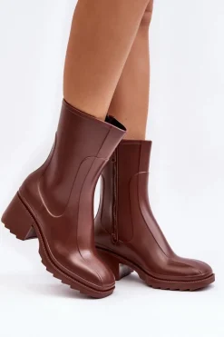 Boto Kalosze Damskie|Botki Na Obcasie*Damskie Matowe Kalosze Botki Na Obcasie Brązowe Bertaida