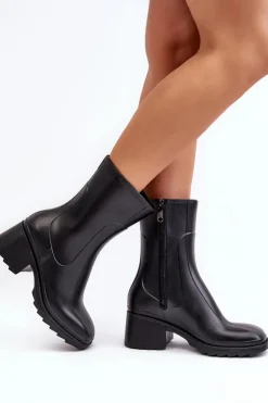 Discount Boto Damskie Matowe Kalosze Botki Na Obcasie Czarne Bertaida