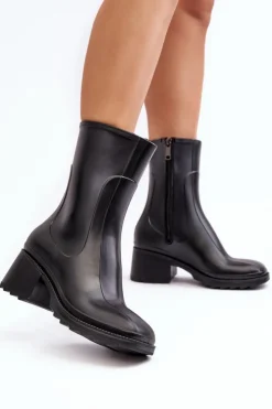 Discount Boto Damskie Matowe Kalosze Botki Na Obcasie Czarne Bertaida