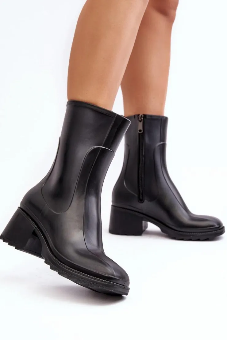 Discount Boto Damskie Matowe Kalosze Botki Na Obcasie Czarne Bertaida