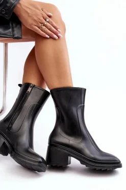 Discount Boto Damskie Matowe Kalosze Botki Na Obcasie Czarne Bertaida