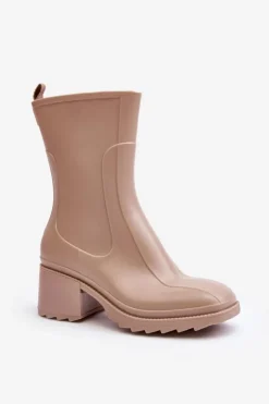 Damskie Boto Damskie Matowe Kalosze Botki Na Obcasie Beżowe Bertaida