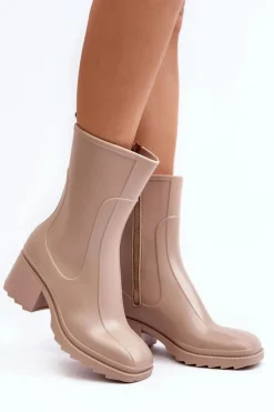 Damskie Boto Damskie Matowe Kalosze Botki Na Obcasie Beżowe Bertaida