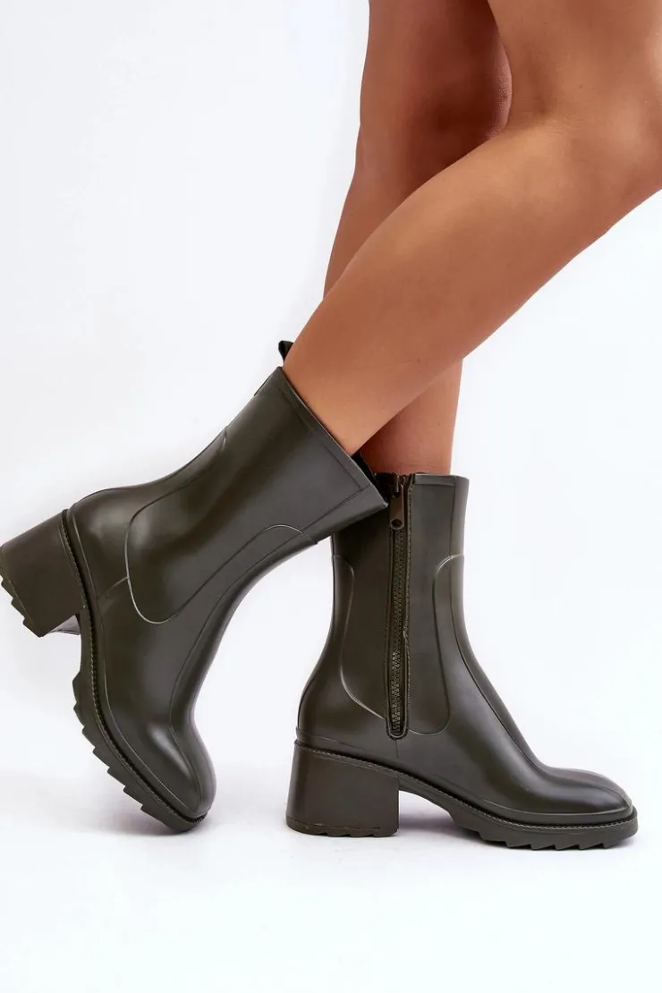 Damskie Boto Damskie Matowe Kalosze Botki Na Obcasie Ciemnozielone Bertaida