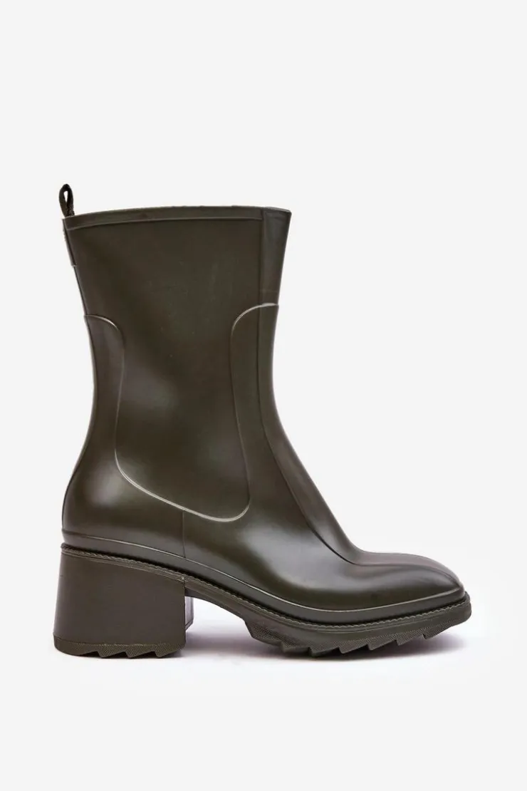 Damskie Boto Damskie Matowe Kalosze Botki Na Obcasie Ciemnozielone Bertaida