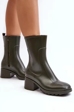 Damskie Boto Damskie Matowe Kalosze Botki Na Obcasie Ciemnozielone Bertaida