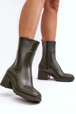 Damskie Boto Damskie Matowe Kalosze Botki Na Obcasie Ciemnozielone Bertaida