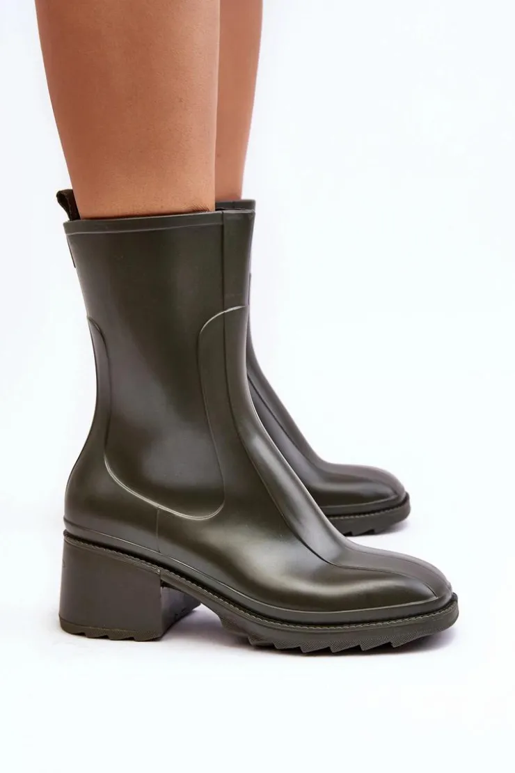 Damskie Boto Damskie Matowe Kalosze Botki Na Obcasie Ciemnozielone Bertaida