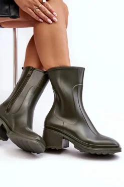Damskie Boto Damskie Matowe Kalosze Botki Na Obcasie Ciemnozielone Bertaida
