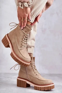Sale Evento Damskie Modne Botki Ocieplane Beżowe Gerda