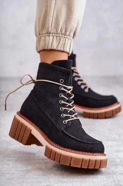 Evento Botki Sznurowane|Czarne Botki*Damskie Modne Botki Ocieplane Czarne Gerda