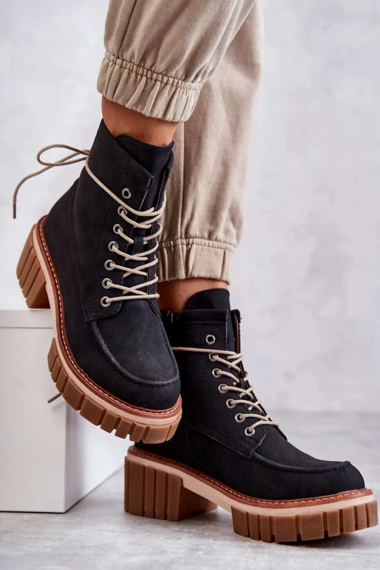Evento Botki Sznurowane|Czarne Botki*Damskie Modne Botki Ocieplane Czarne Gerda