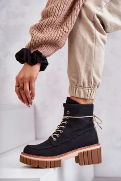 Evento Botki Sznurowane|Czarne Botki*Damskie Modne Botki Ocieplane Czarne Gerda