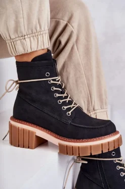 Evento Botki Sznurowane|Czarne Botki*Damskie Modne Botki Ocieplane Czarne Gerda