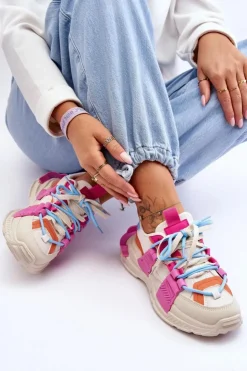New Boto Damskie Modne Buty Sportowe Sznurowane Beżowo-Różowe Chillout!