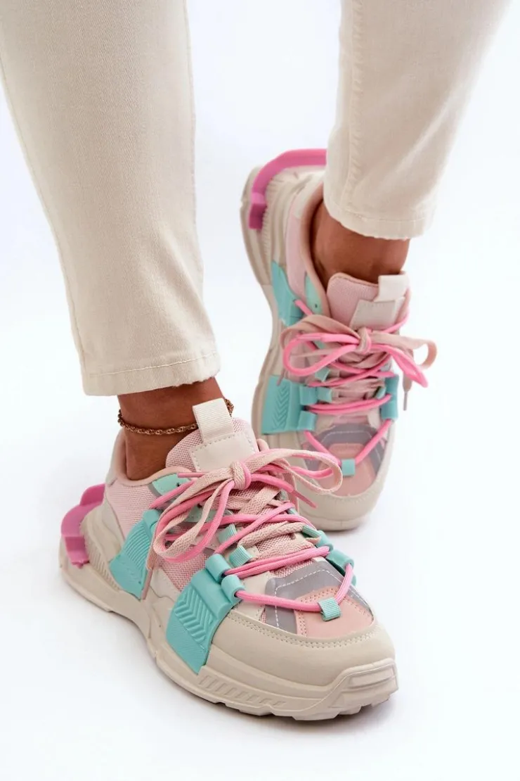 Boto Sneakersy Damskie*Damskie Modne Buty Sportowe Sznurowane Różowo-Miętowe Chillout!