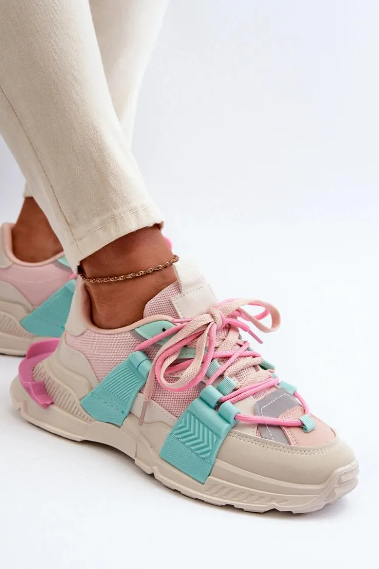 Boto Sneakersy Damskie*Damskie Modne Buty Sportowe Sznurowane Różowo-Miętowe Chillout!