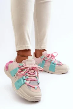 Boto Sneakersy Damskie*Damskie Modne Buty Sportowe Sznurowane Różowo-Miętowe Chillout!
