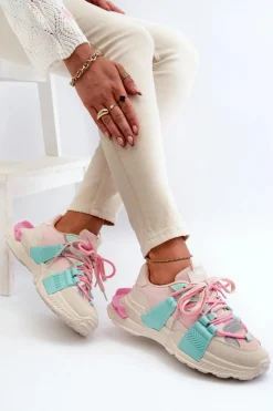 Boto Sneakersy Damskie*Damskie Modne Buty Sportowe Sznurowane Różowo-Miętowe Chillout!