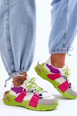 Boto Sneakersy Damskie*Damskie Modne Buty Sportowe Sznurowane Zielono-Różowe Chillout!
