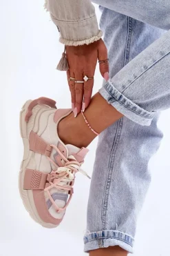Boto Sneakersy Damskie*Damskie Modne Buty Sportowe Sznurowane Beżowo-Różowe Chillout! Beżowy