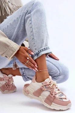 Boto Sneakersy Damskie*Damskie Modne Buty Sportowe Sznurowane Beżowo-Różowe Chillout! Beżowy