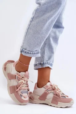 Boto Sneakersy Damskie*Damskie Modne Buty Sportowe Sznurowane Beżowo-Różowe Chillout! Beżowy