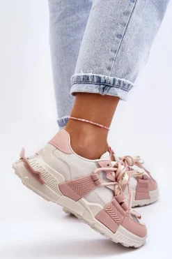 Boto Sneakersy Damskie*Damskie Modne Buty Sportowe Sznurowane Beżowo-Różowe Chillout! Beżowy