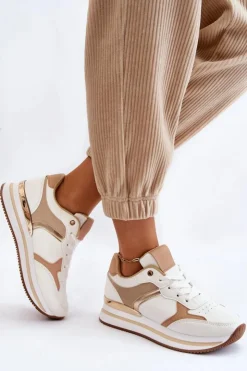 Sale Boto Damskie Modne Buty Sportowe Na Koturnie Biało-Beżowe Yuki