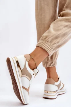 Sale Boto Damskie Modne Buty Sportowe Na Koturnie Biało-Beżowe Yuki