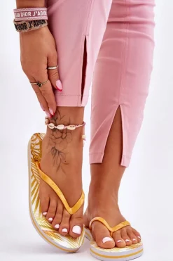 Outlet Big Star Shoes Damskie Modne Klapki Japonki Big Star LL274819 Żółte Żółty