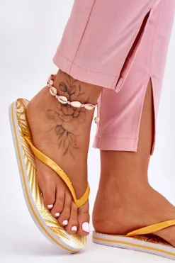 Outlet Big Star Shoes Damskie Modne Klapki Japonki Big Star LL274819 Żółte Żółty