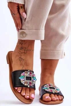 Boto Klapki Damskie Klasyczne*Damskie Modne Klapki Z Ozdobą Czarne Halsey