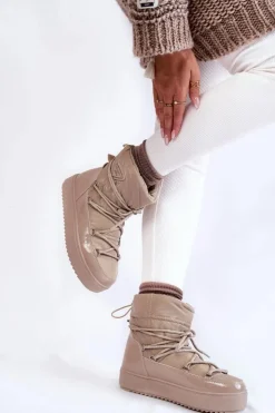 Boto Śniegowce Damskie*Damskie Modne Śniegowce Sznurowane Beżowe Carrios