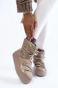 Boto Śniegowce Damskie*Damskie Modne Śniegowce Sznurowane Beżowe Carrios