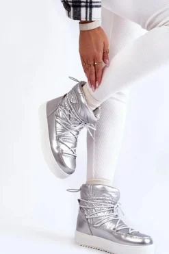 Boto Śniegowce Damskie*Damskie Modne Śniegowce Sznurowane Srebrne Carrios Srebrny