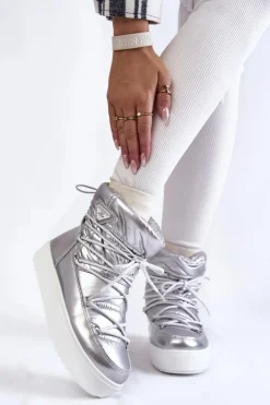 Boto Śniegowce Damskie*Damskie Modne Śniegowce Sznurowane Srebrne Carrios Srebrny