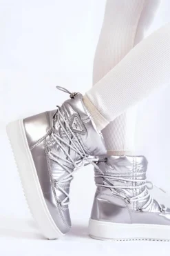 Boto Śniegowce Damskie*Damskie Modne Śniegowce Sznurowane Srebrne Carrios Srebrny