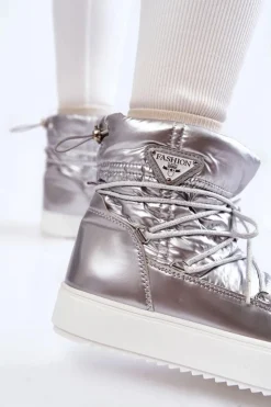Boto Śniegowce Damskie*Damskie Modne Śniegowce Sznurowane Srebrne Carrios Srebrny