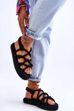 Boto Sandały Płaskie*Damskie Modne Plecione Sandały Czarne Tiffanie