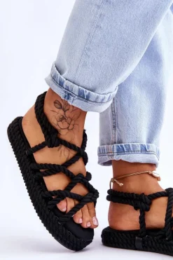 Boto Sandały Płaskie*Damskie Modne Plecione Sandały Czarne Tiffanie